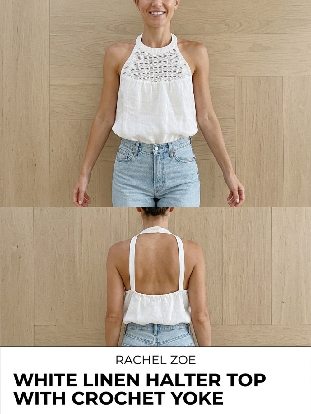 Rachel Zoe White Linen Halter Top with Crochet Yoke